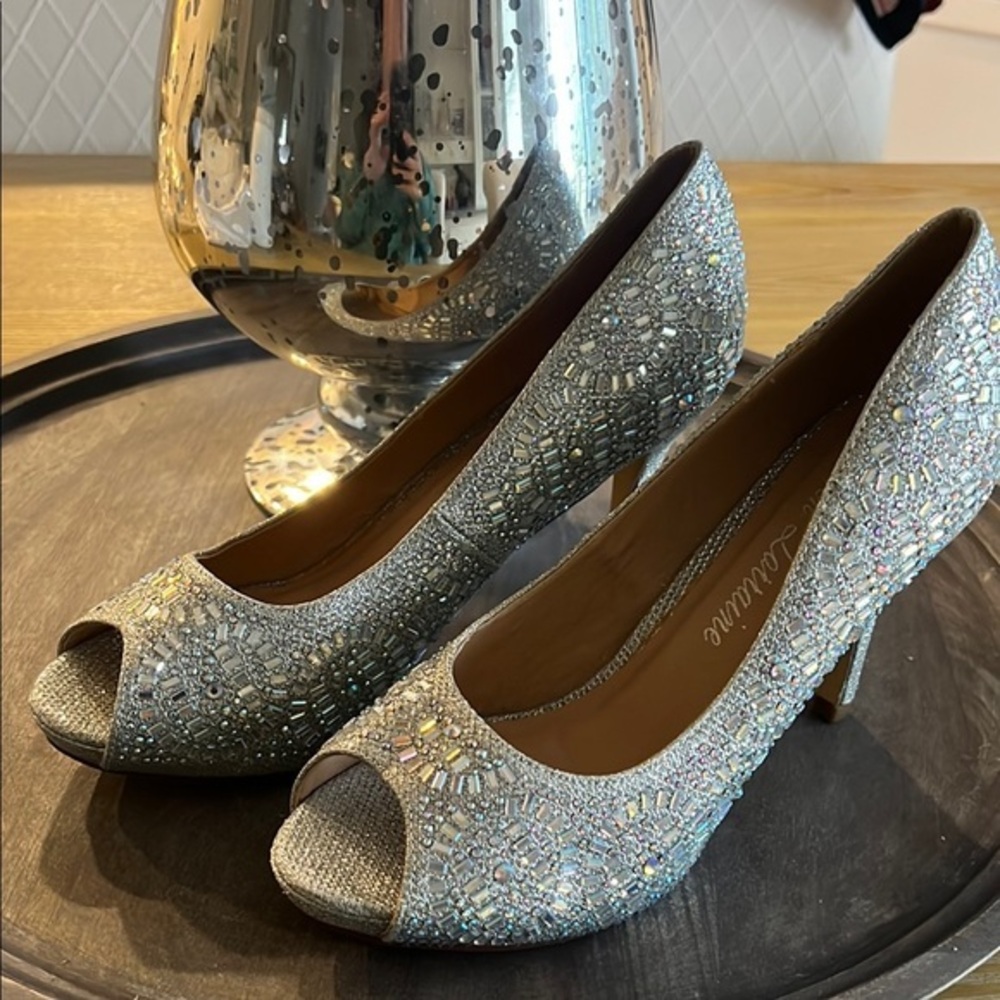 Lauren Lorraine Silver Beaded Peep-Toe Heels